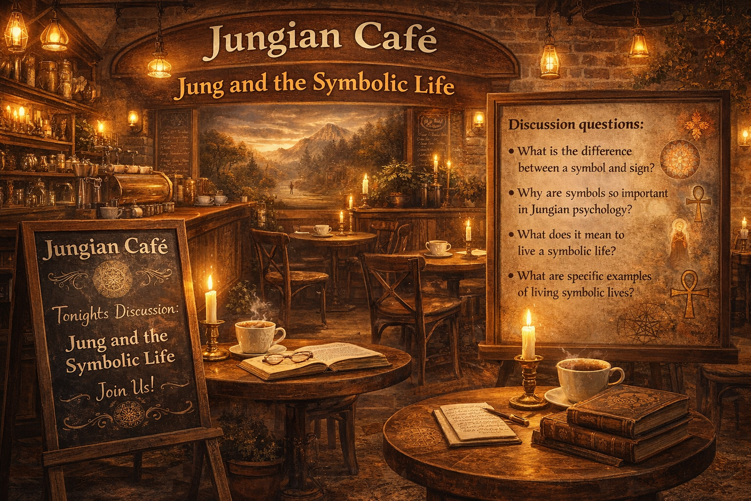 Sunday, March 29th at 4:00 - 5:30 Kudu Coffee, 4 Vanderhorst St, Downtown (all welcome; no prerequisites!) March discussion topic: Jung and the Symbolic Life Discussion questions: • What is the difference between a symbol and sign? • Why are symbols so important in Jungian psychology? • What does it mean to live a symbolic life? • What are specific examples of living symbolic lives? Please RSVP if you want to be added on the Jungian Café mailing list and to receive links to discussion resources! All are welcome; no prerequisites!